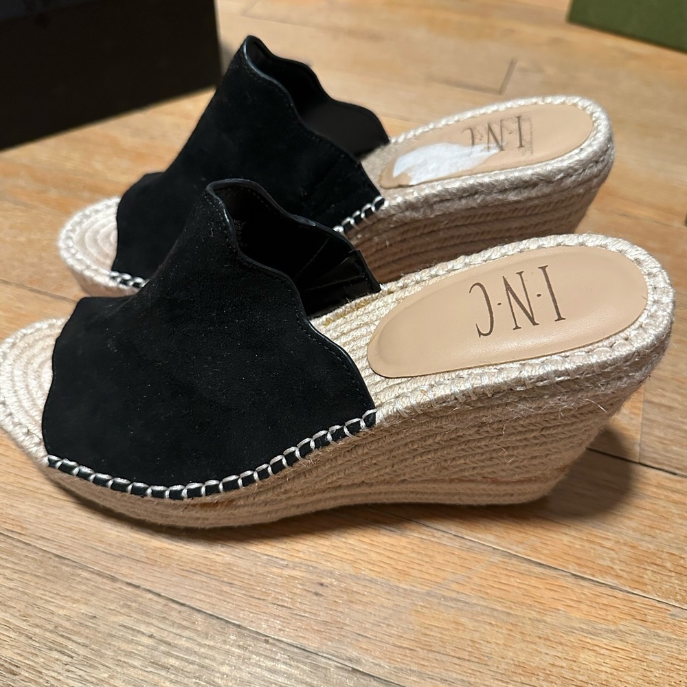 INC International Concepts Black and Tan Wedge Sandals